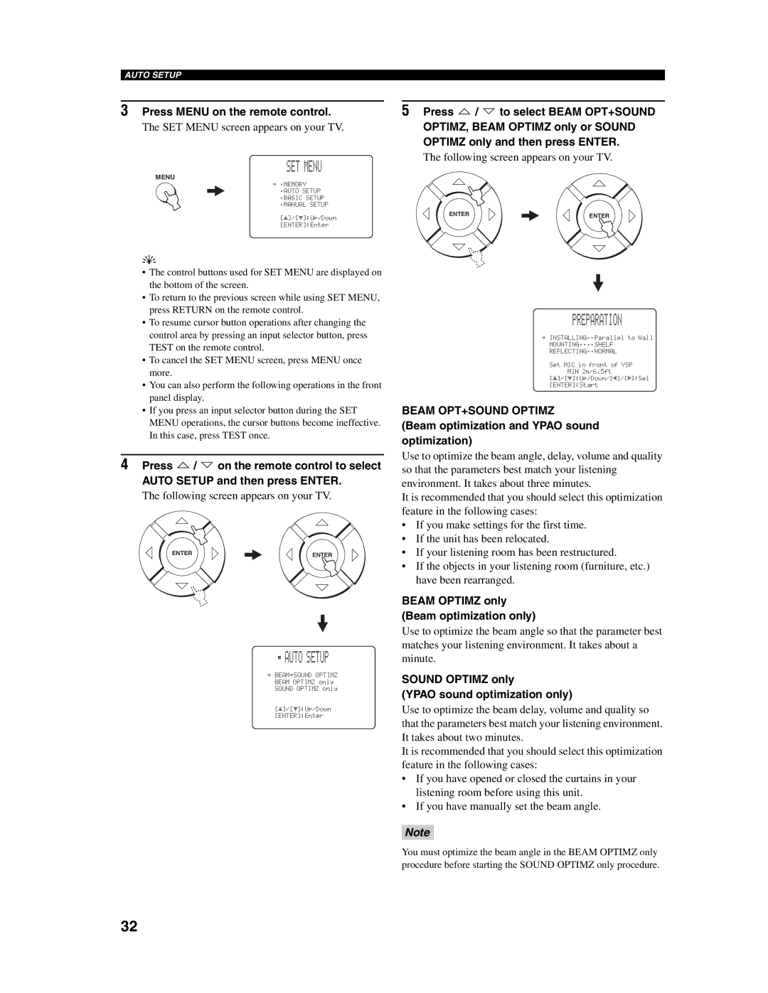 Yamaha YSP-1000 owner manual SET Menu, Auto Setup Preparation, Beam OPT+SOUND Optimz 