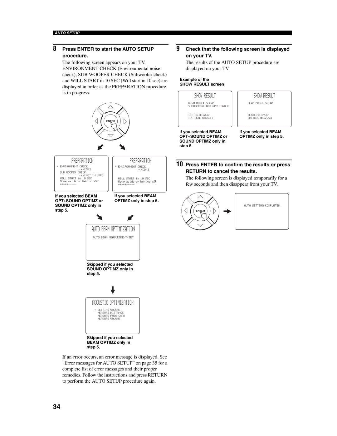 Yamaha YSP-1000 owner manual Preparation Preparation, Auto Beam Optimization, Acoustic Optimization, Show Result 