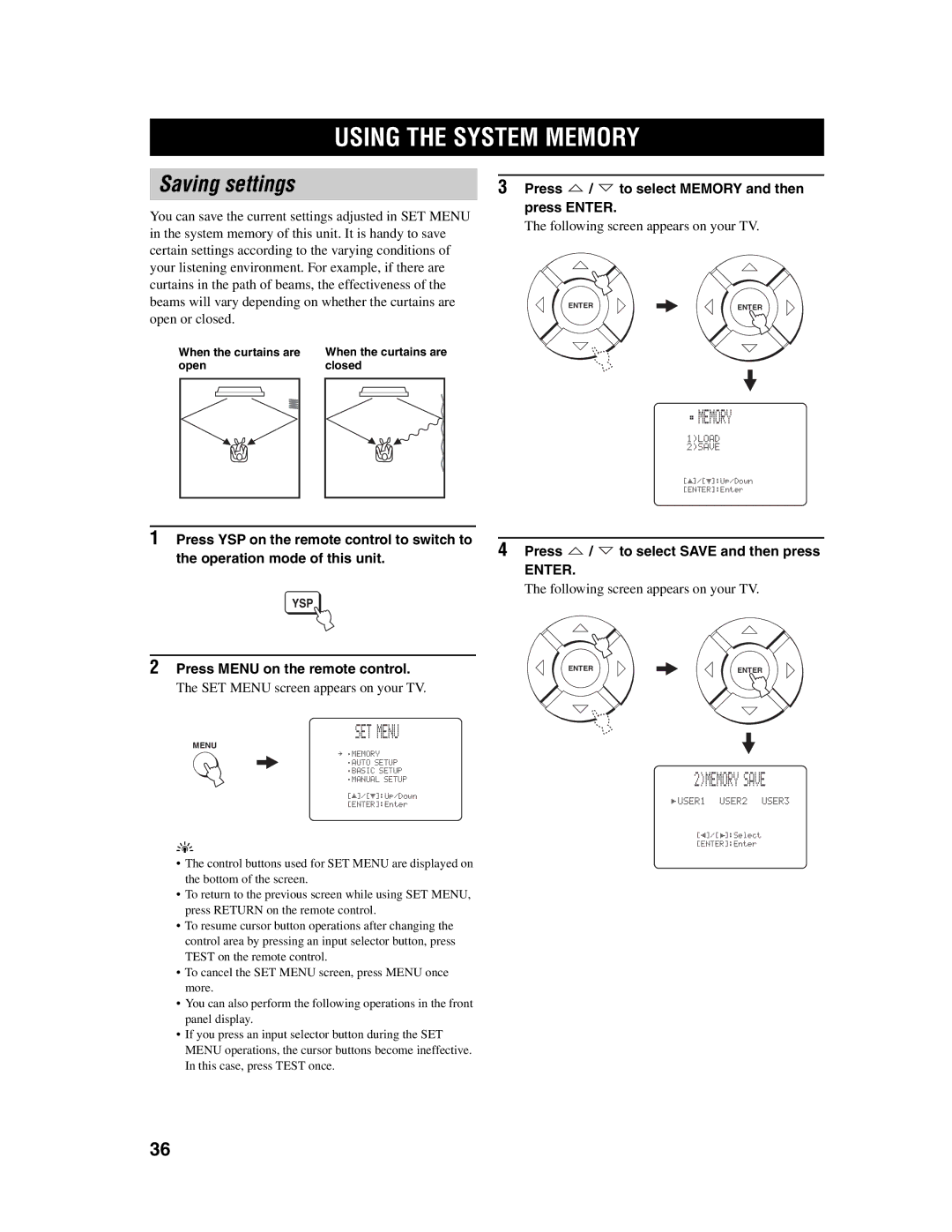 Yamaha YSP-1000 owner manual Using the System Memory, 2MEMORY Save, Enter 