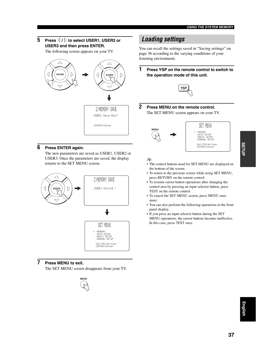 Yamaha YSP-1000 owner manual Loading settings, Press Enter again, Press Menu to exit 