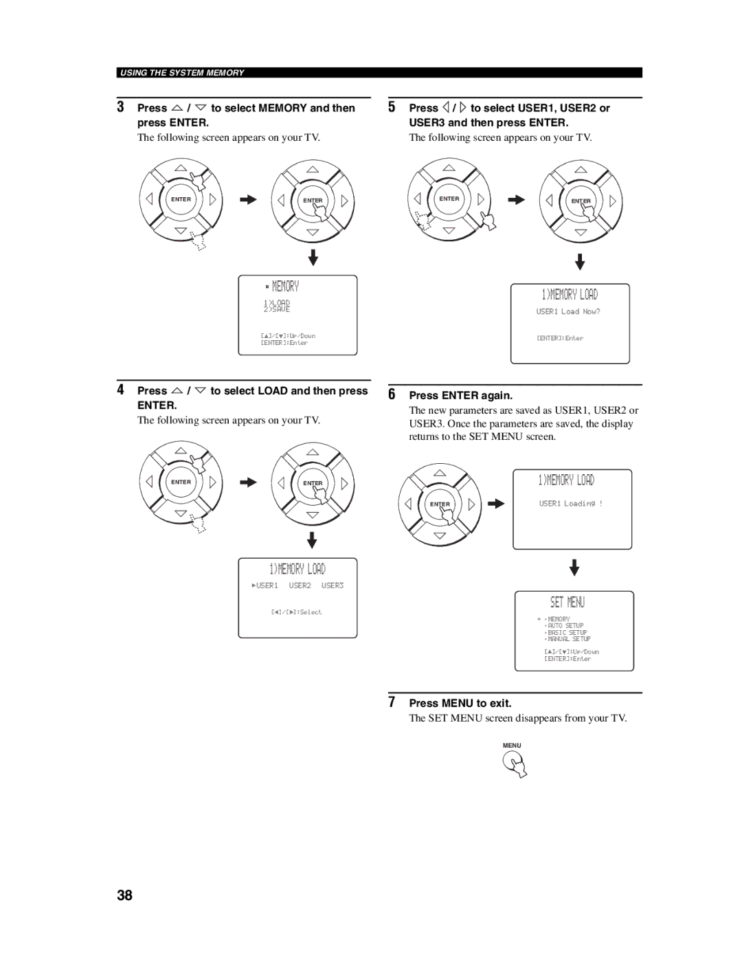 Yamaha YSP-1000 owner manual Memory 1MEMORY Load, Press / to select Load and then press 6 Press Enter again 