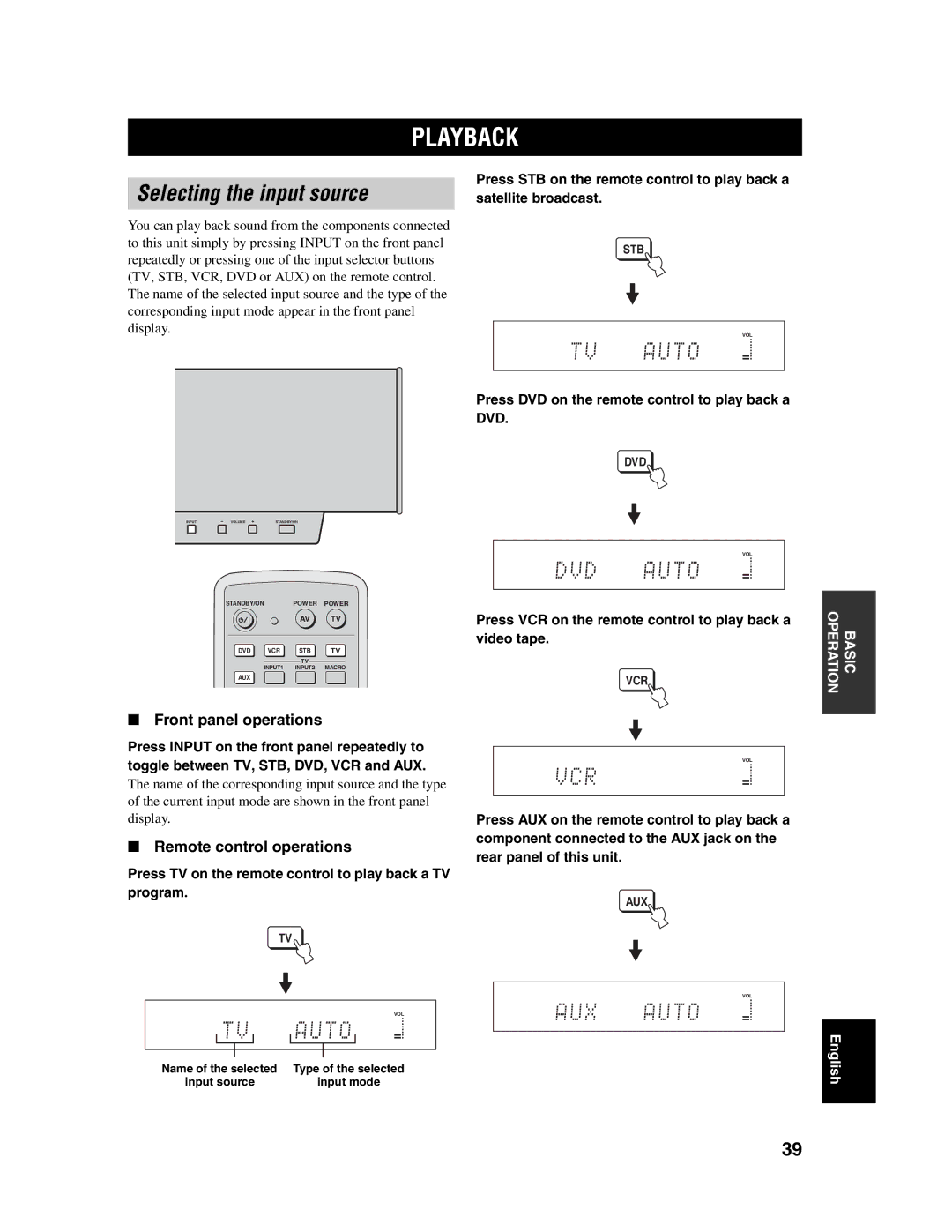 Yamaha YSP-1000 owner manual Playback, Selecting the input source, Front panel operations, Remote control operations 