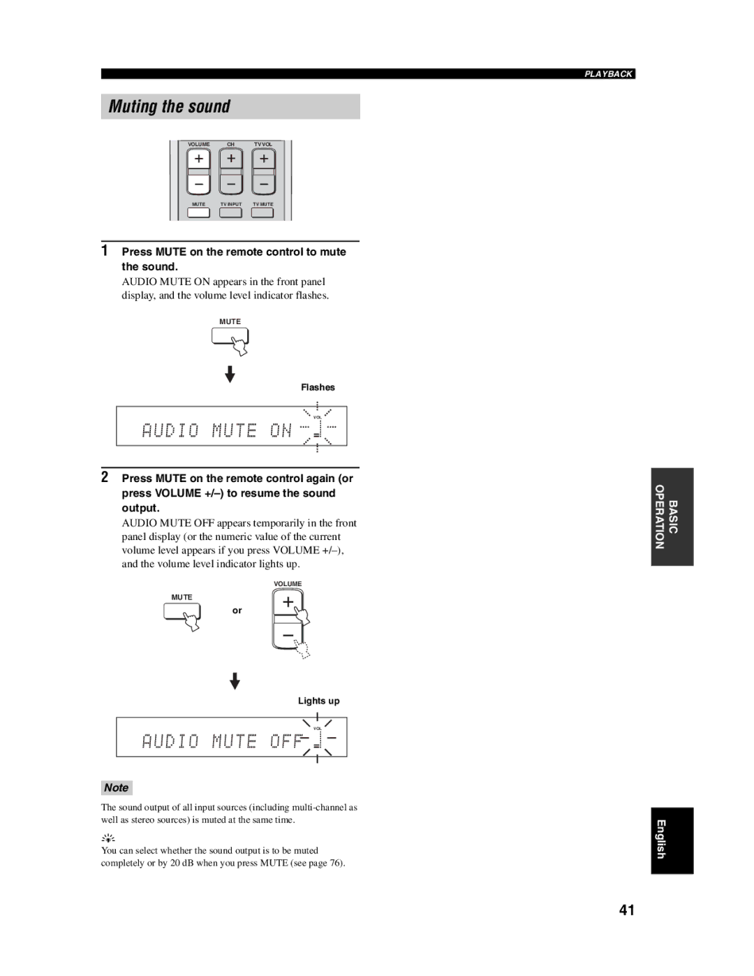 Yamaha YSP-1000 owner manual Muting the sound, Press Mute on the remote control to mute the sound, Flashes, Lights up 