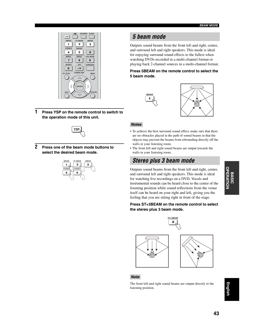 Yamaha YSP-1000 Beam mode, Stereo plus 3 beam mode, Press 5BEAM on the remote control to select the 5 beam mode 