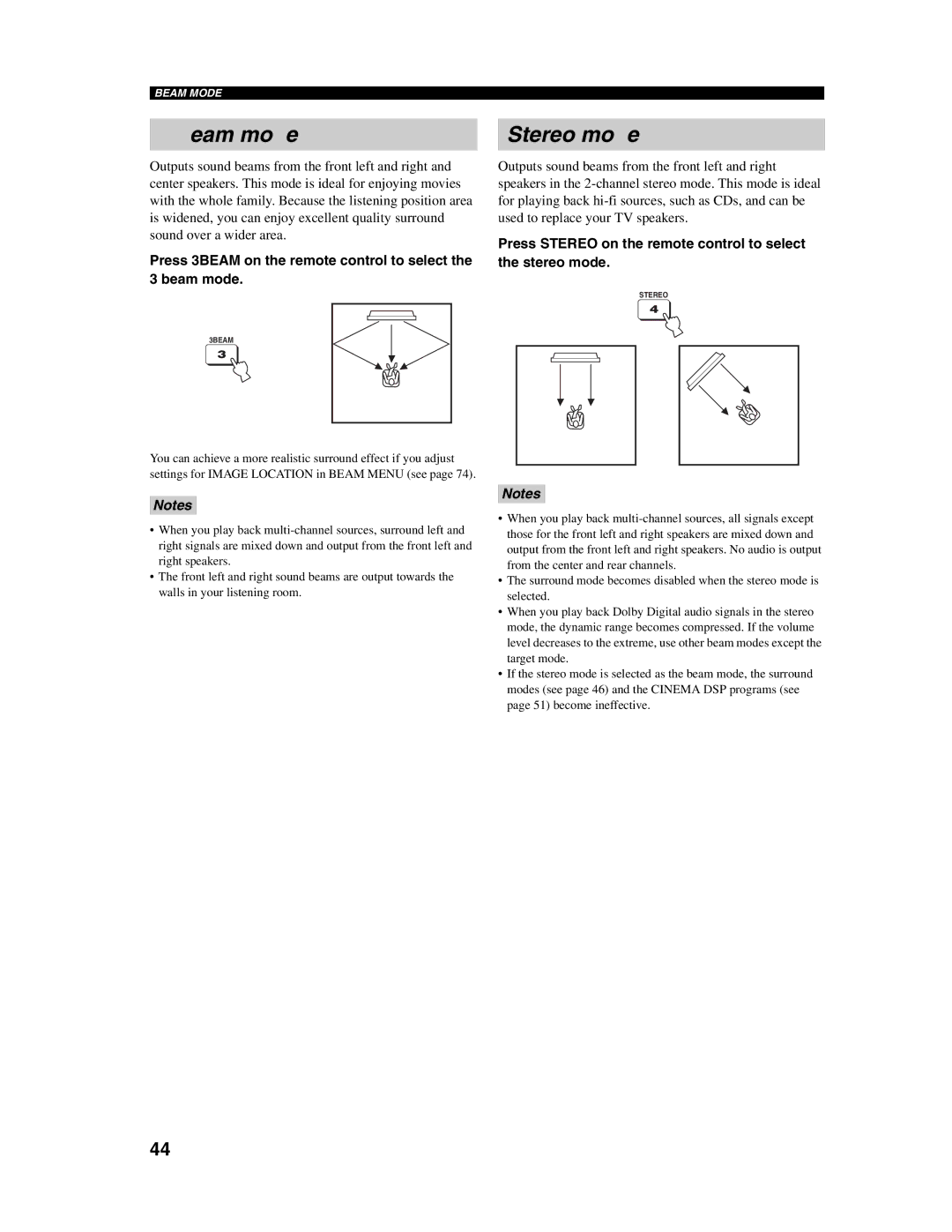 Yamaha YSP-1000 owner manual Press 3BEAM on the remote control to select the 3 beam mode 