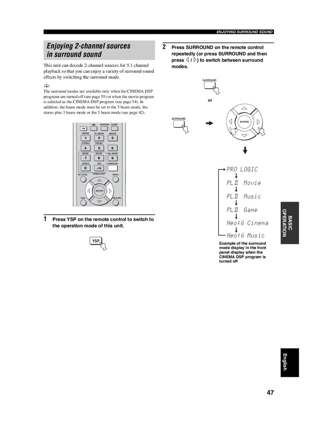 Yamaha YSP-1000 owner manual Enjoying 2-channel sources in surround sound 