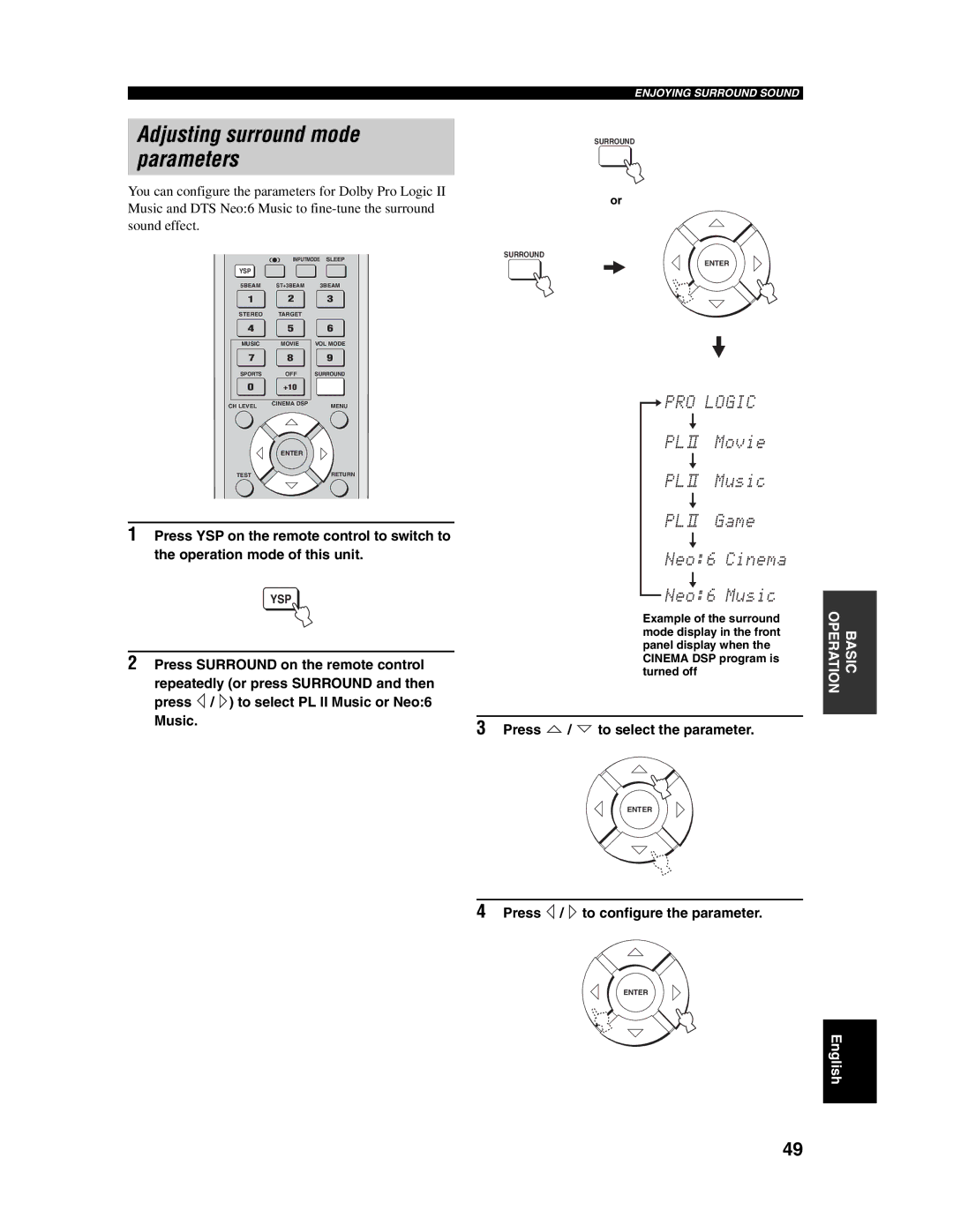 Yamaha YSP-1000 owner manual Adjusting surround mode, Parameters, Press YSP on the remote control to switch to 