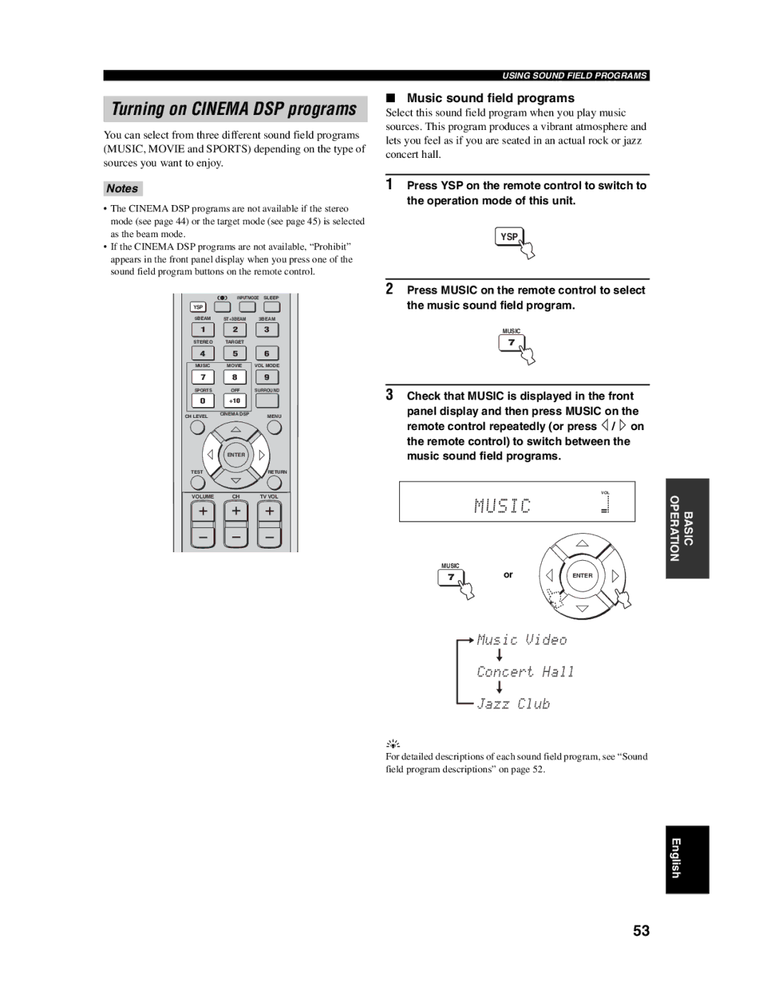 Yamaha YSP-1000 owner manual Music sound field programs 