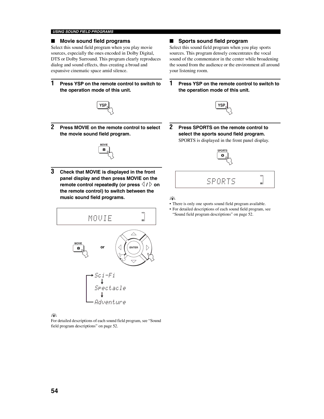 Yamaha YSP-1000 owner manual Movie sound field programs, Sports sound field program 