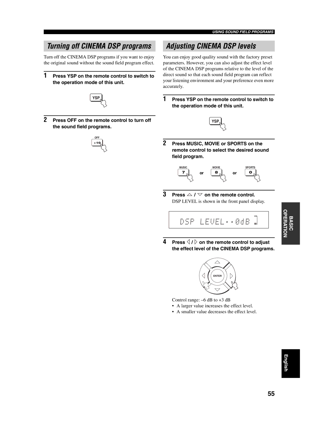 Yamaha YSP-1000 owner manual Adjusting Cinema DSP levels, Press / on the remote control 