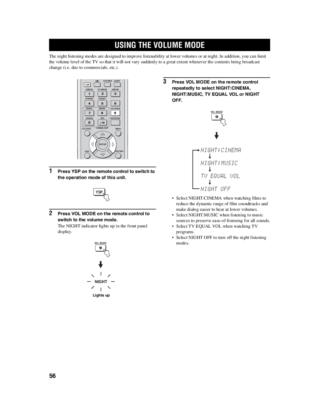 Yamaha YSP-1000 owner manual Using the Volume Mode, Nightcinema Nightmusic TV Equal VOL Night OFF 