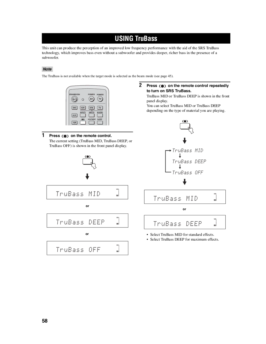 Yamaha YSP-1000 owner manual Using TruBass, Press on the remote control 