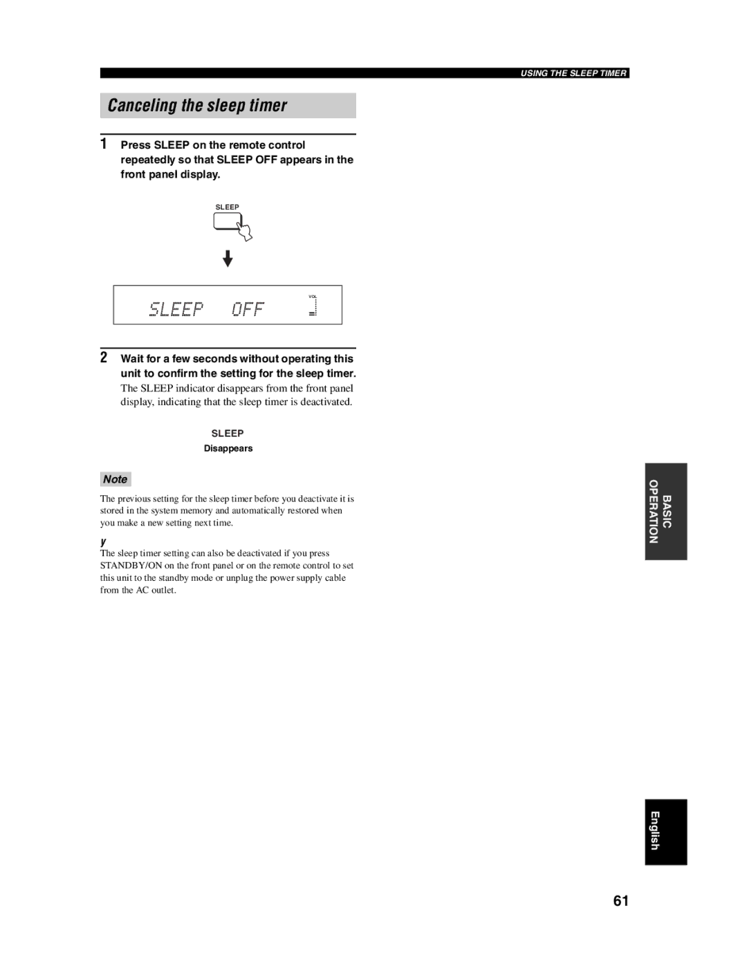 Yamaha YSP-1000 owner manual Canceling the sleep timer, Disappears 