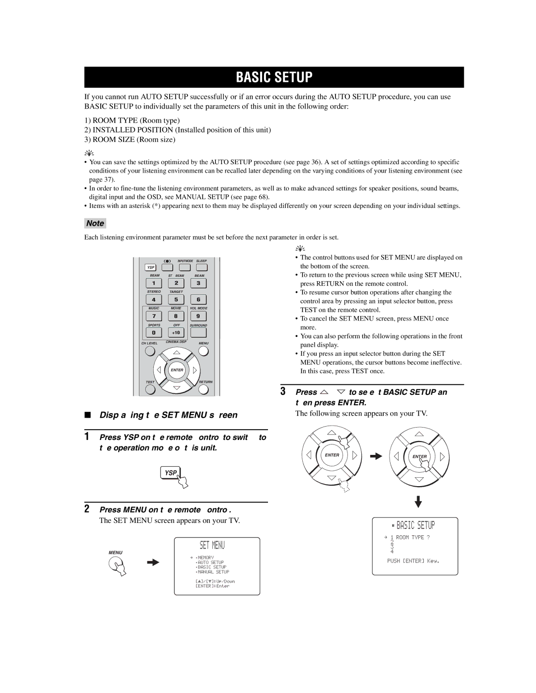 Yamaha YSP-1000 owner manual Basic Setup SET Menu, Displaying the SET Menu screen 