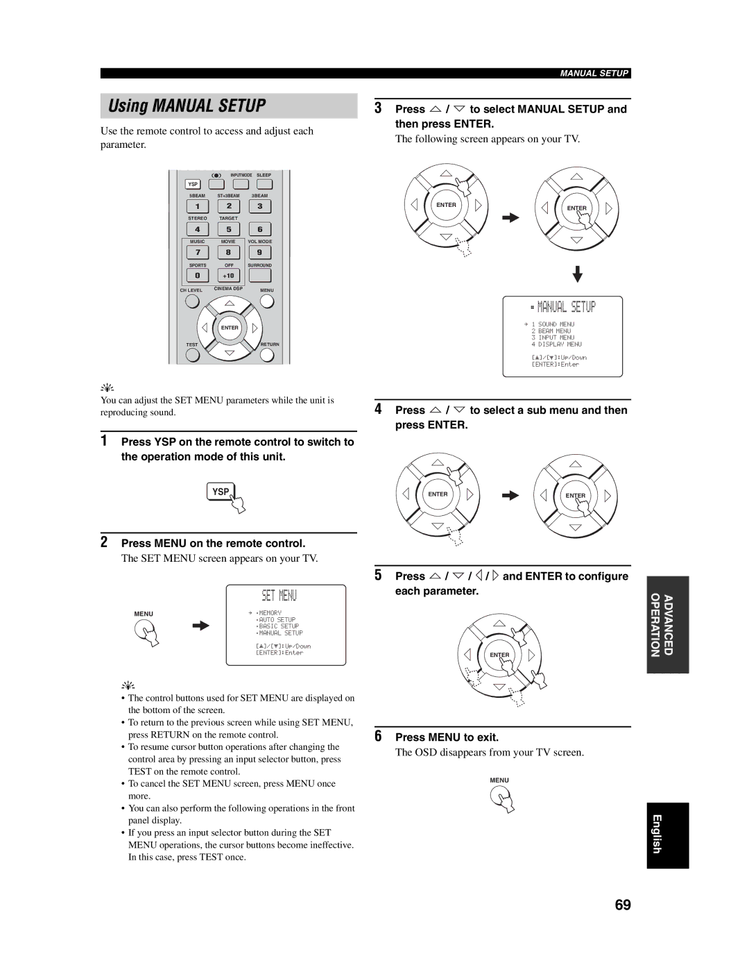 Yamaha YSP-1000 owner manual Using Manual Setup, Press / to select Manual Setup and then press Enter 