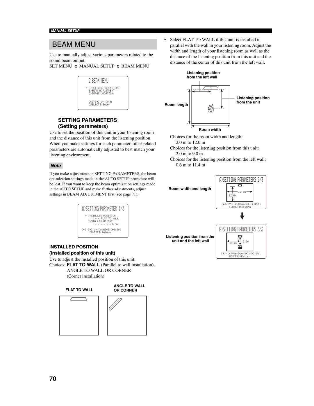 Yamaha YSP-1000 Beam Menu, Asetting Parameter 1/3, Setting parameters, Installed Position Installed position of this unit 