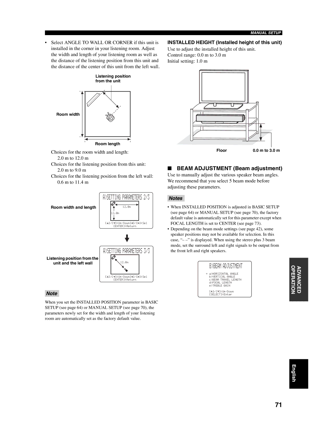 Yamaha YSP-1000 Bbeam Adjustment, Beam Adjustment Beam adjustment, Installed Height Installed height of this unit 