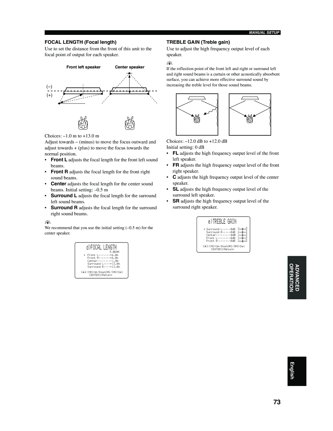 Yamaha YSP-1000 owner manual Focal Length Focal length, Treble Gain Treble gain 