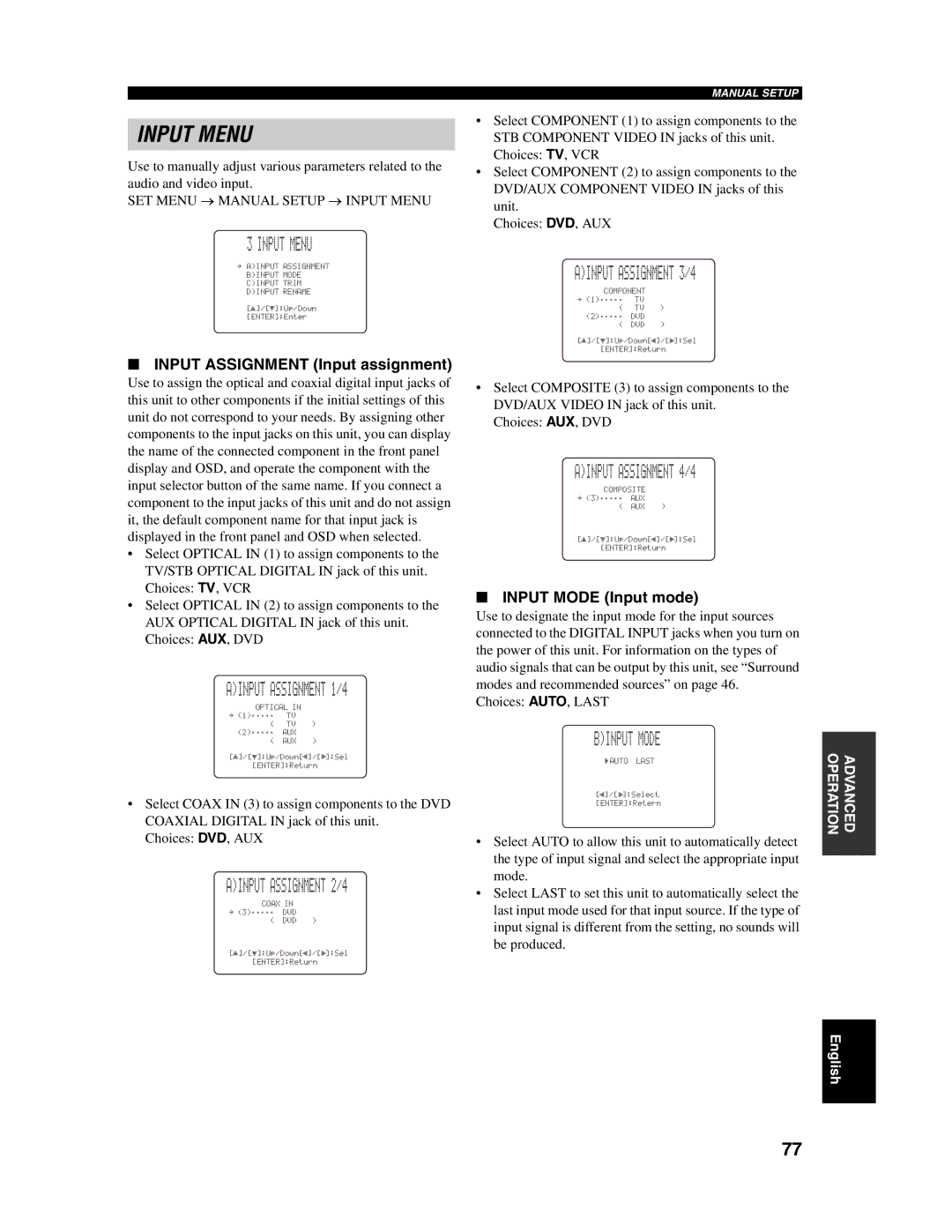 Yamaha YSP-1000 Input Menu, Ainput Assignment 1/4, Ainput Assignment 2/4, Ainput Assignment 3/4, Ainput Assignment 4/4 