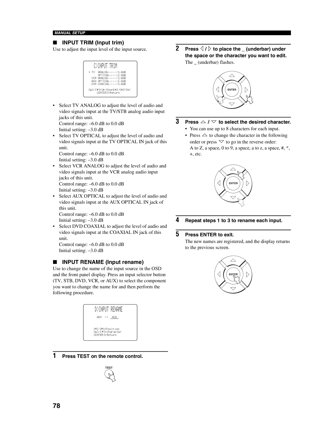 Yamaha YSP-1000 owner manual Cinput Trim, Dinput Rename, Input Trim Input trim, Input Rename Input rename 