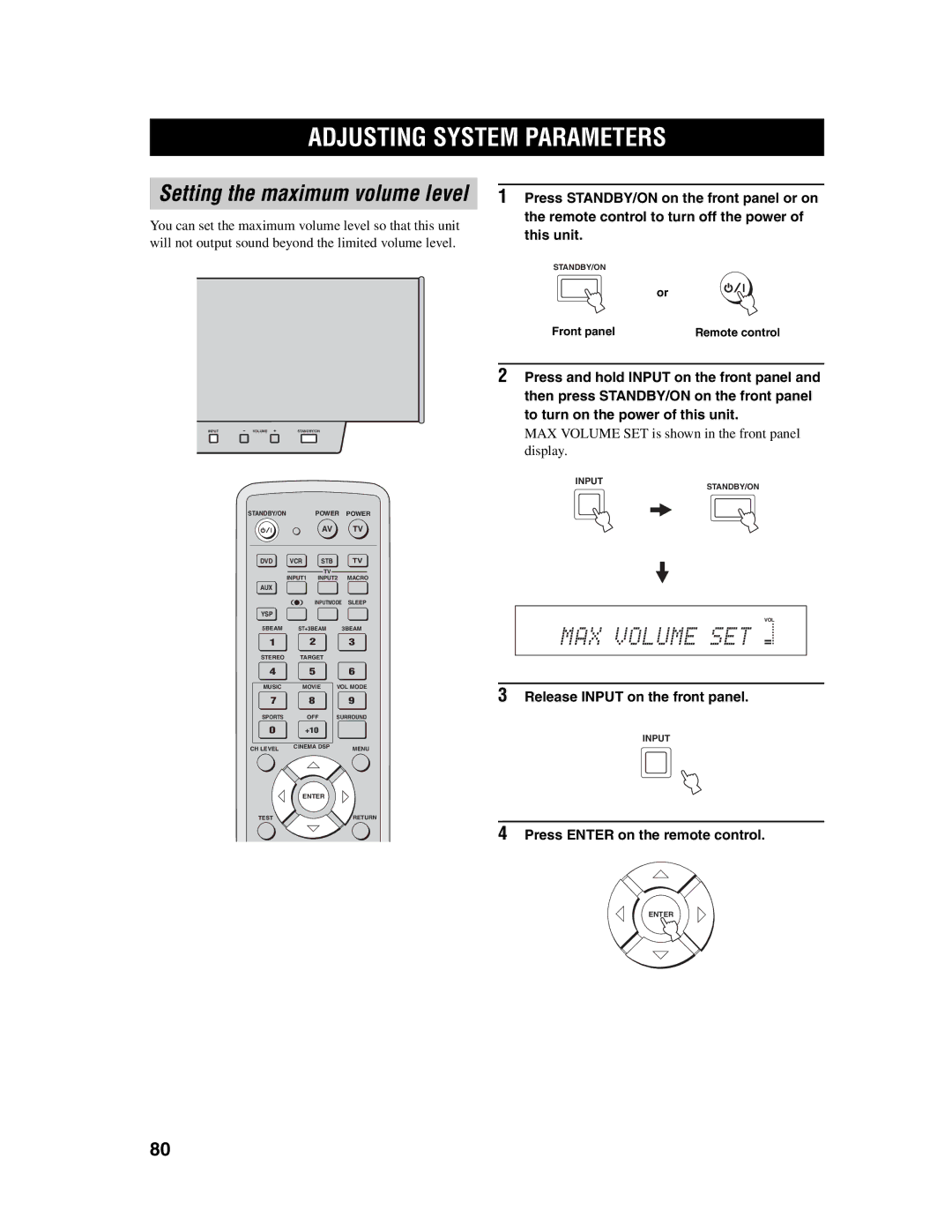 Yamaha YSP-1000 Adjusting System Parameters, Release Input on the front panel, Press Enter on the remote control 