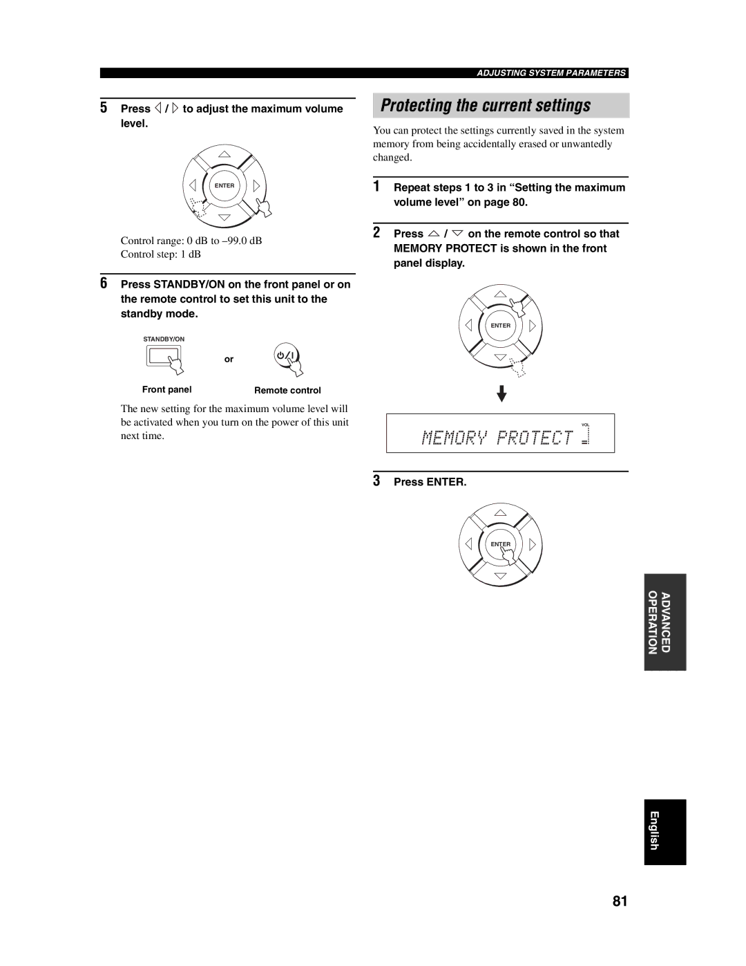 Yamaha YSP-1000 owner manual Protecting the current settings, Press / to adjust the maximum volume level 