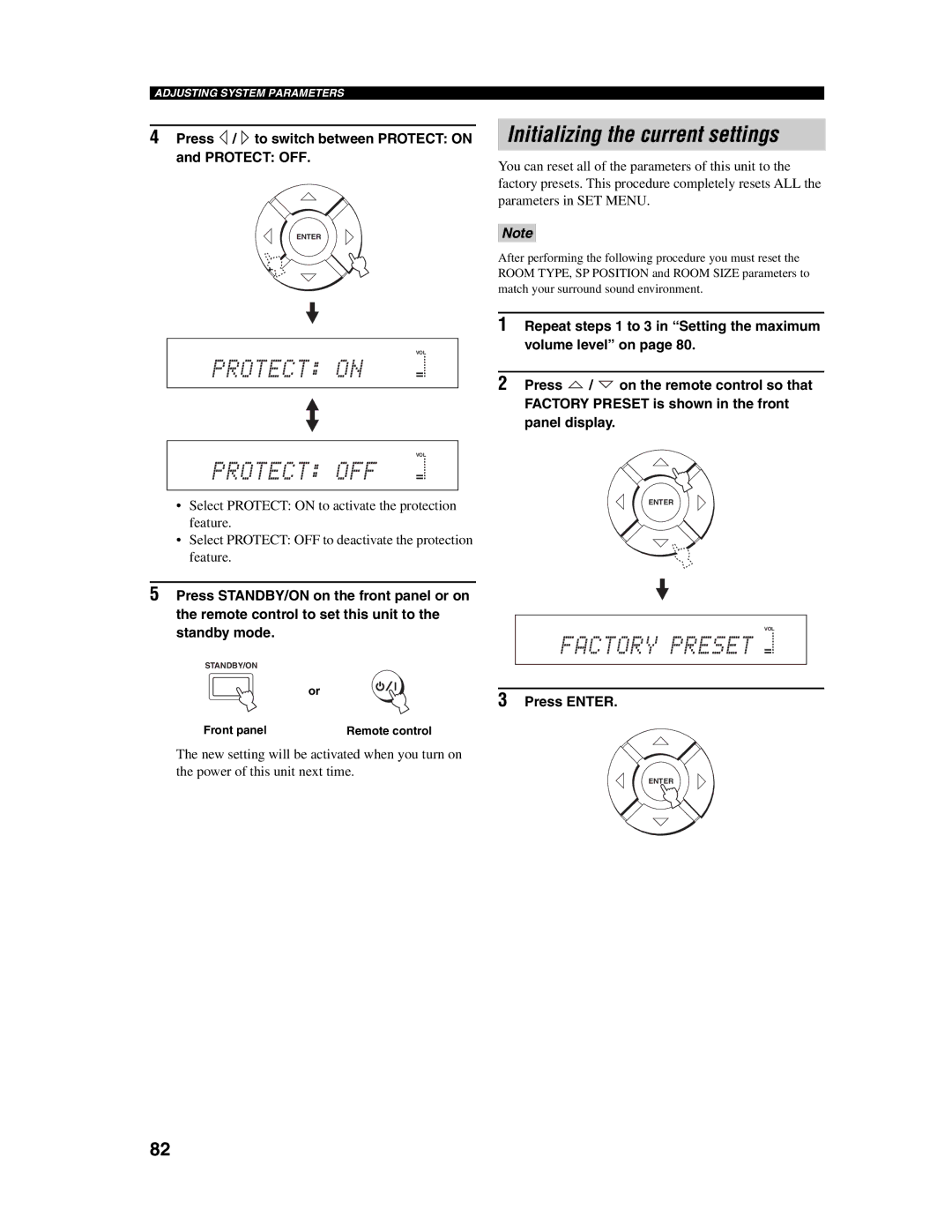 Yamaha YSP-1000 owner manual Initializing the current settings, Press / to switch between Protect on Protect OFF 