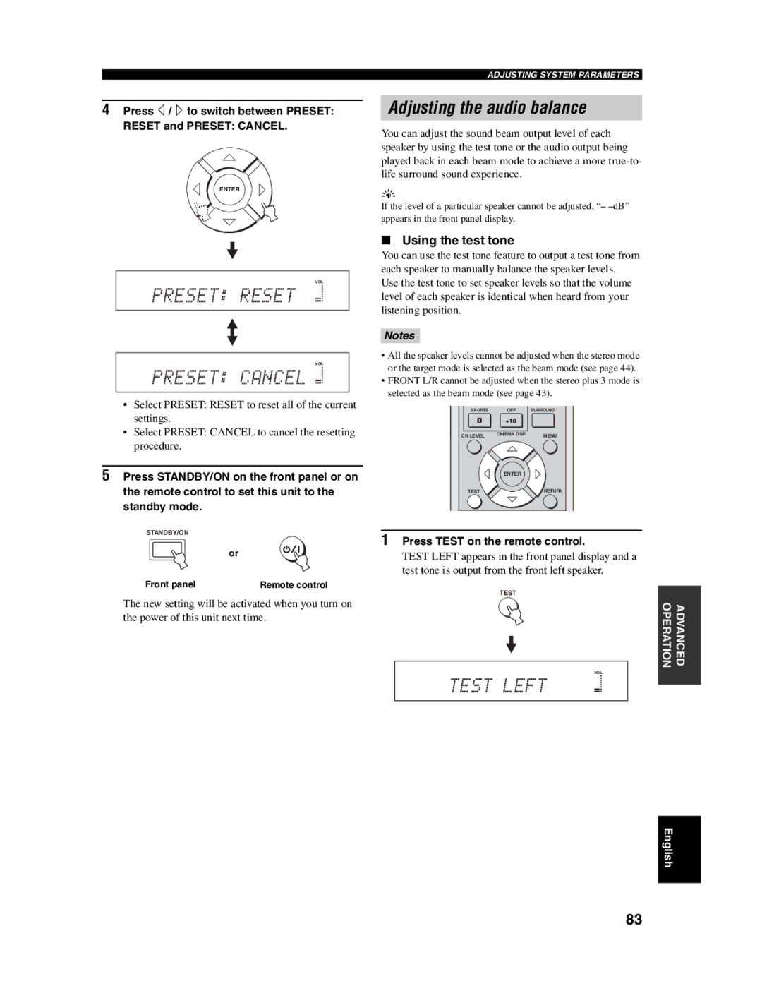 Yamaha YSP-1000 Adjusting the audio balance, Using the test tone, Press / to switch between Preset Reset and Preset Cancel 