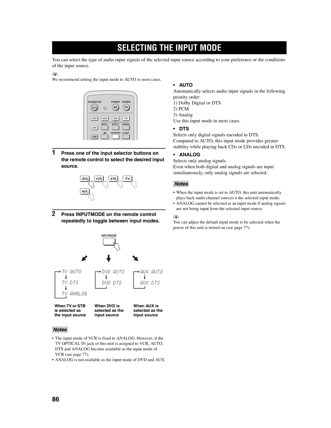 Yamaha YSP-1000 owner manual Selecting the Input Mode, Auto, Dts, Analog, Input source 