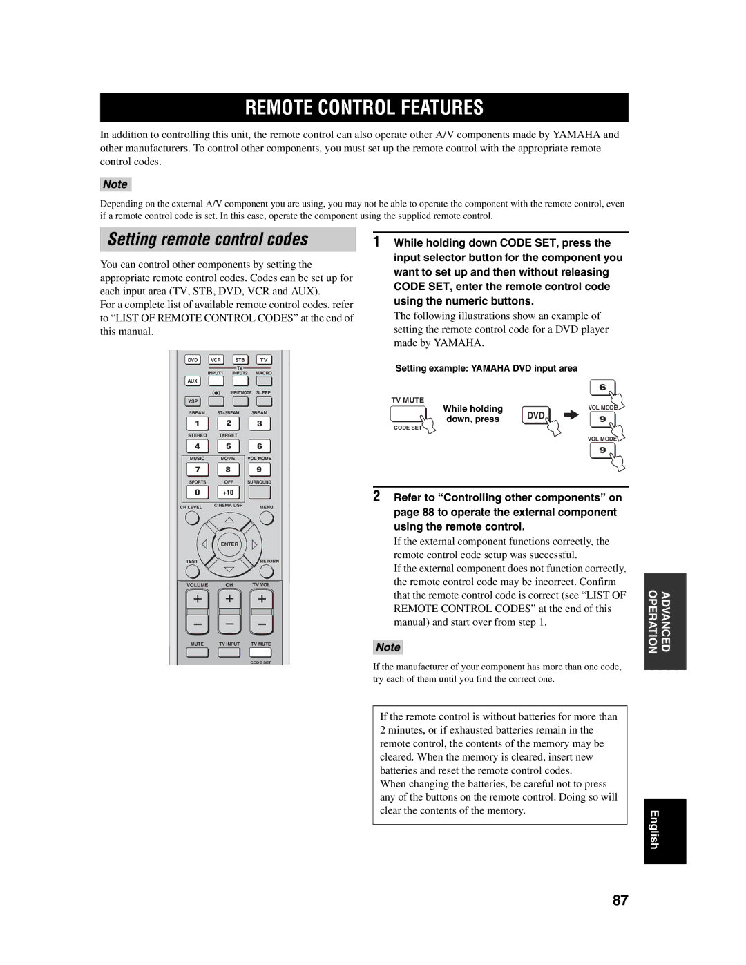 Yamaha YSP-1000 Remote Control Features, Setting remote control codes, Refer to Controlling other components on 