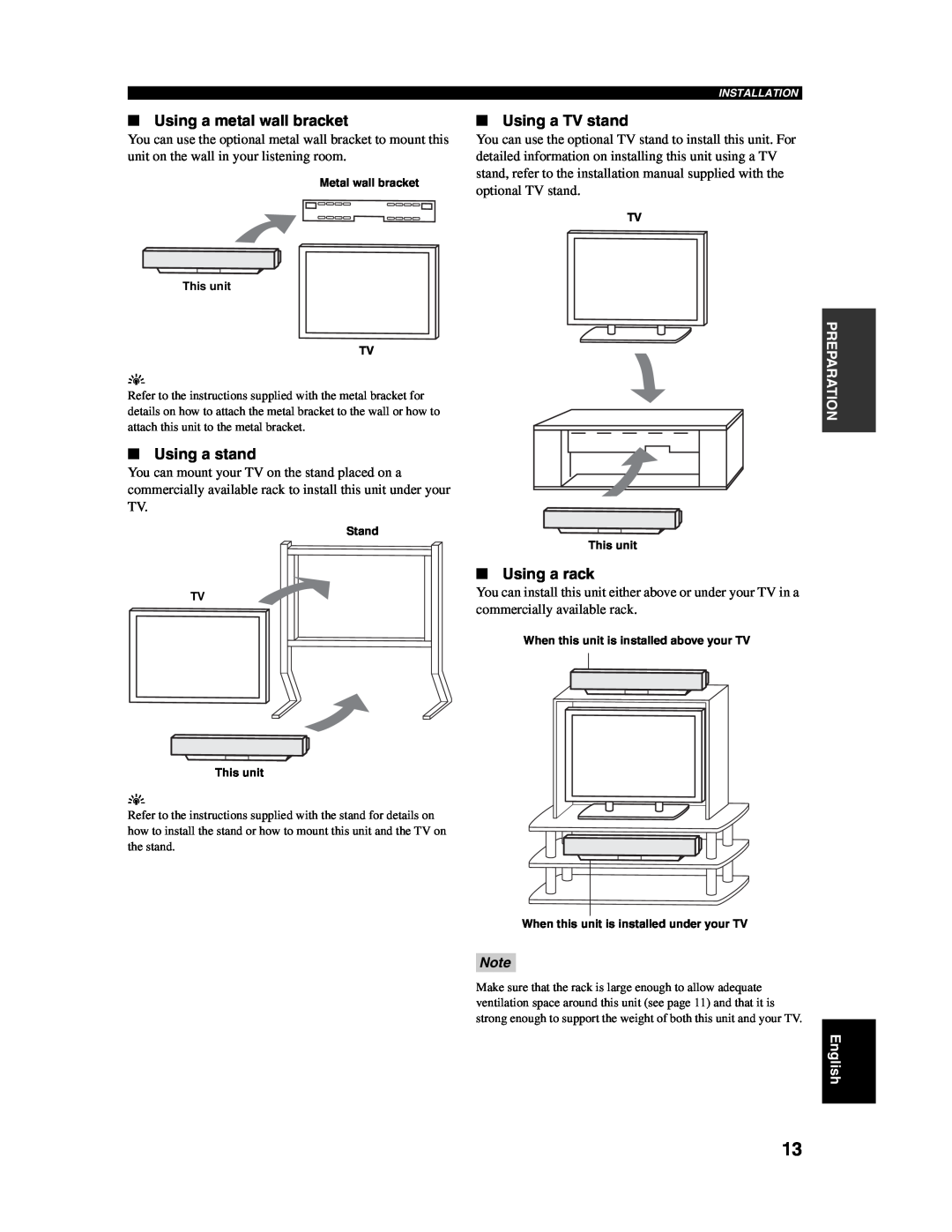 Yamaha YSP-1000 Using a metal wall bracket, Using a stand, Using a TV stand, Using a rack, Metal wall bracket This unit TV 