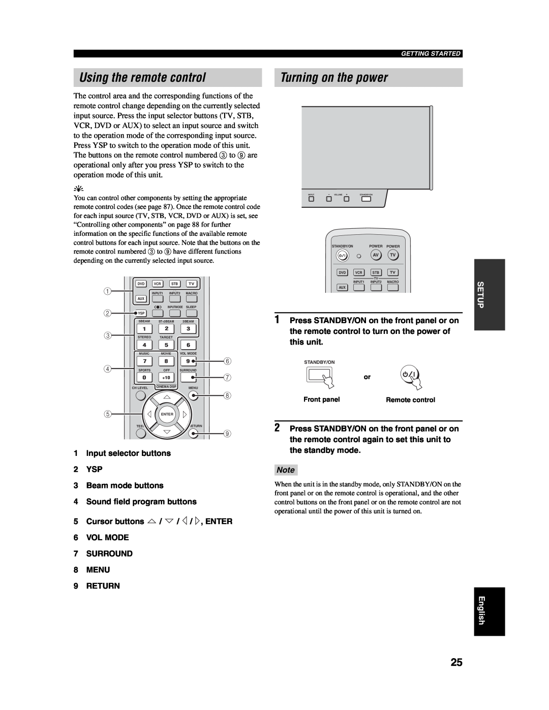 Yamaha YSP-1000 owner manual Using the remote control, Turning on the power 