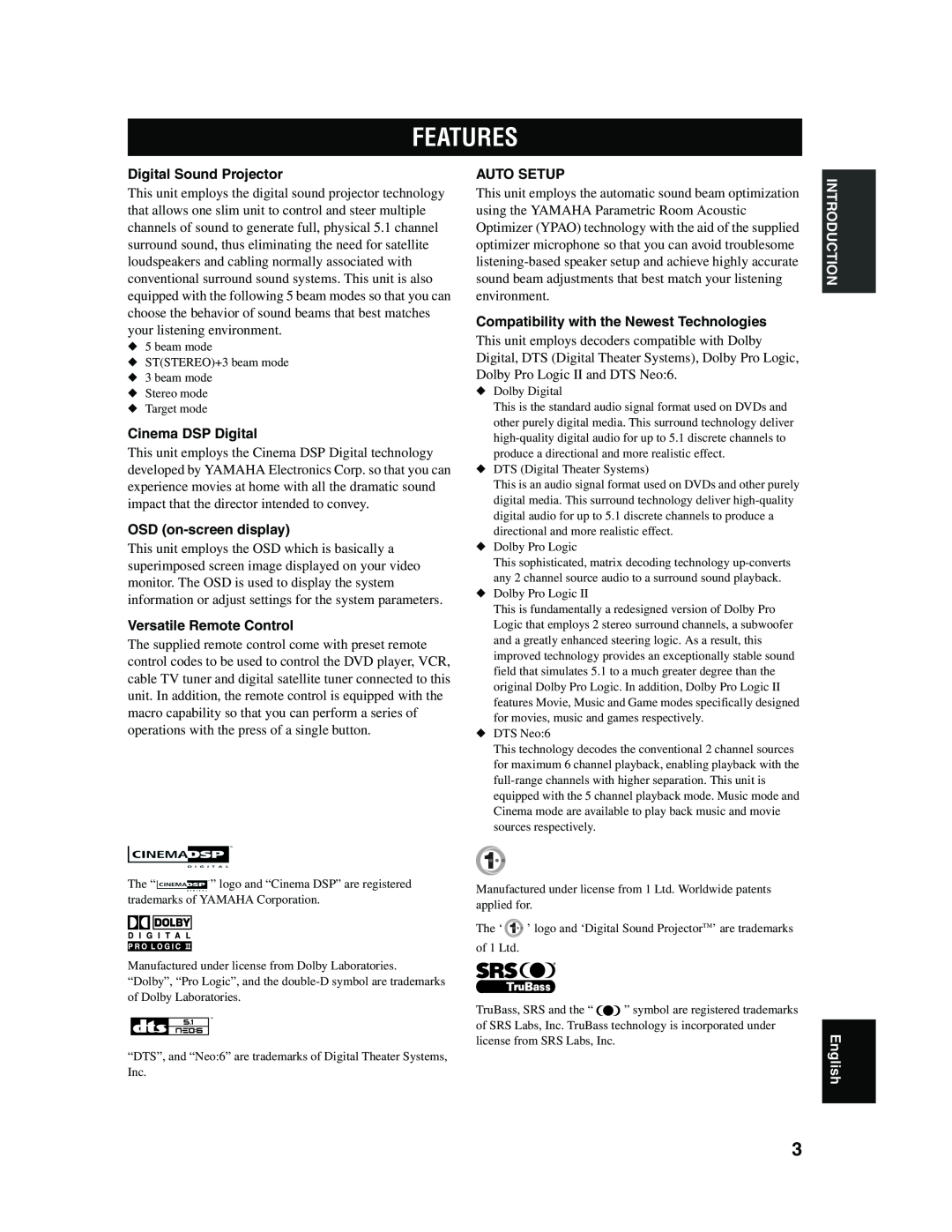 Yamaha YSP-1000 owner manual Features, INTRODUCTION English 