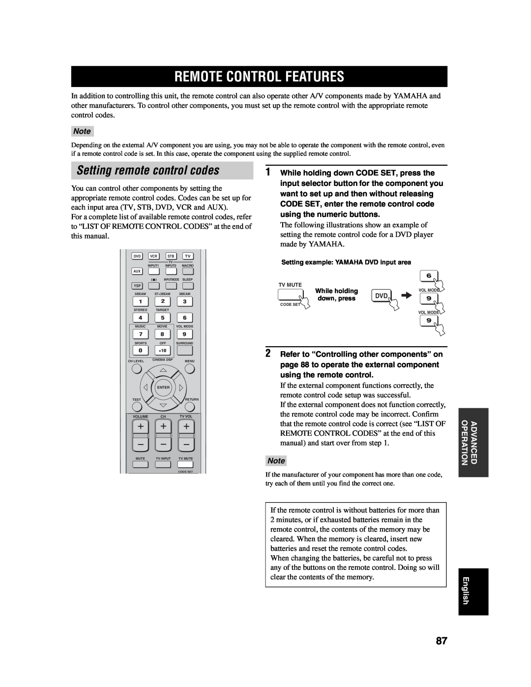 Yamaha YSP-1000 owner manual Remote Control Features, Setting remote control codes 