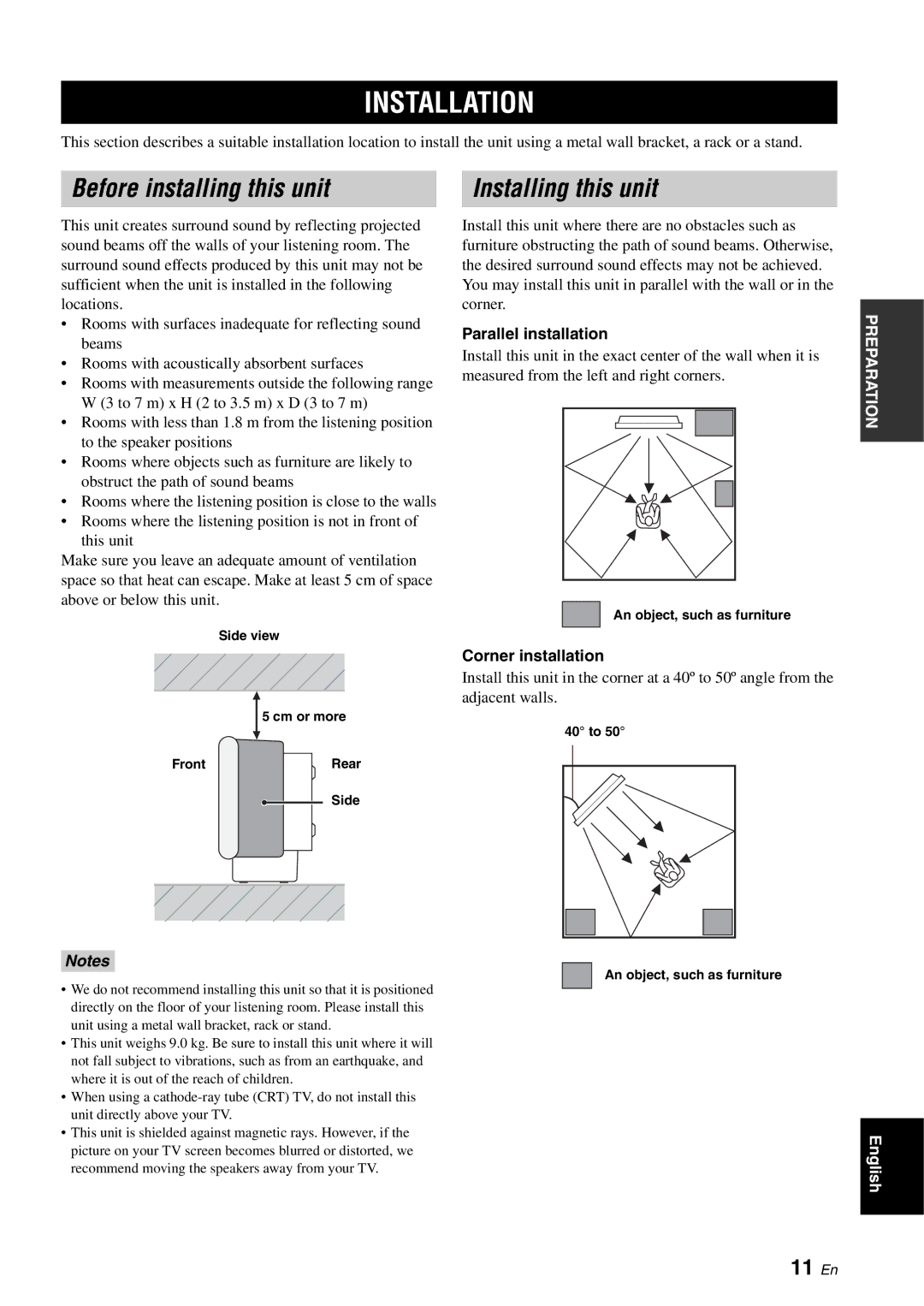 Yamaha YSP-1100 owner manual Installation, Before installing this unit, Installing this unit, 11 En 