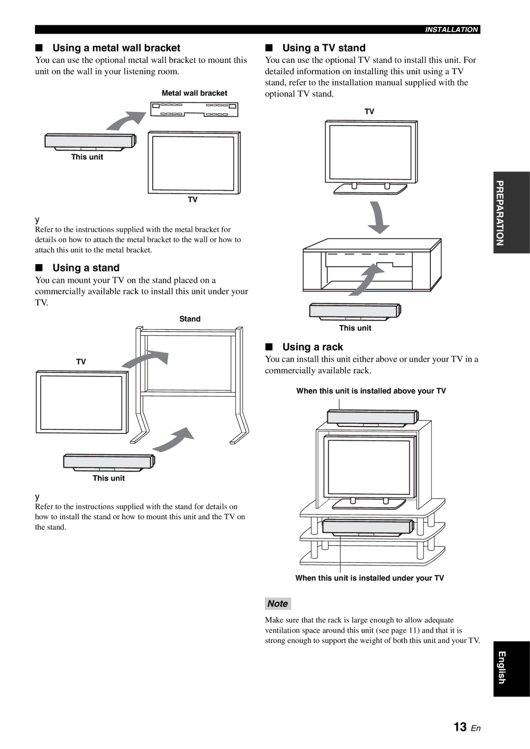 Yamaha YSP-1100 owner manual 13 En, Using a metal wall bracket, Using a stand, Using a TV stand, Using a rack 