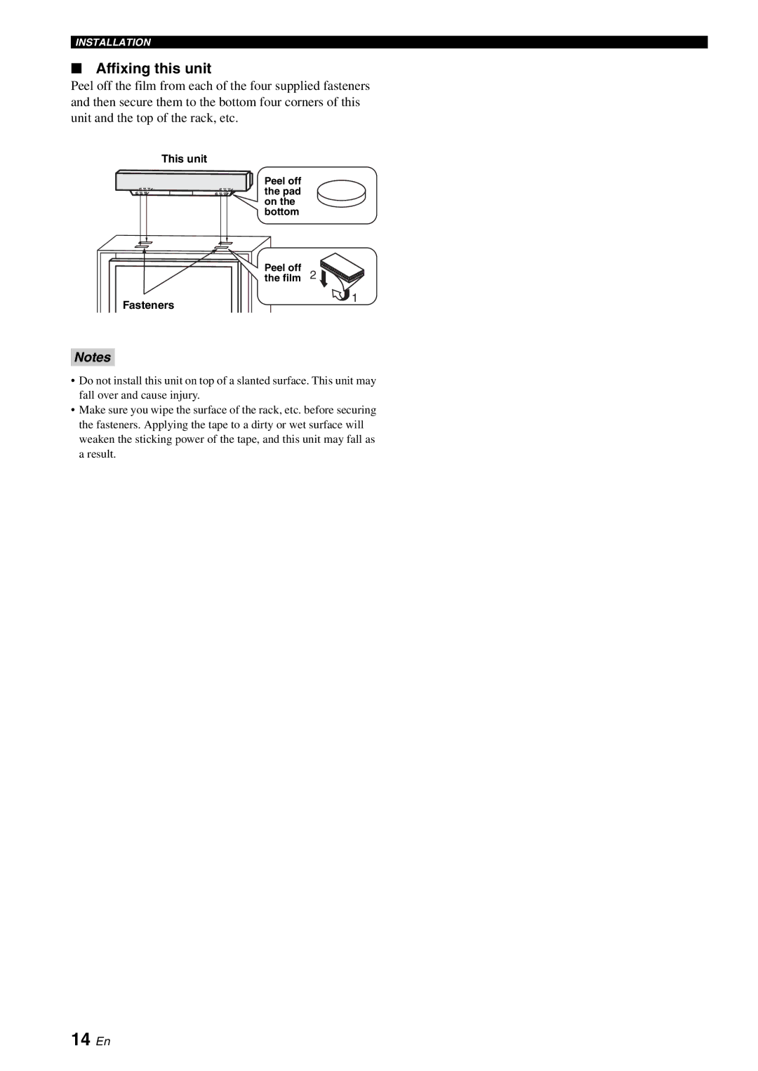 Yamaha YSP-1100 owner manual 14 En, Affixing this unit, Fasteners 