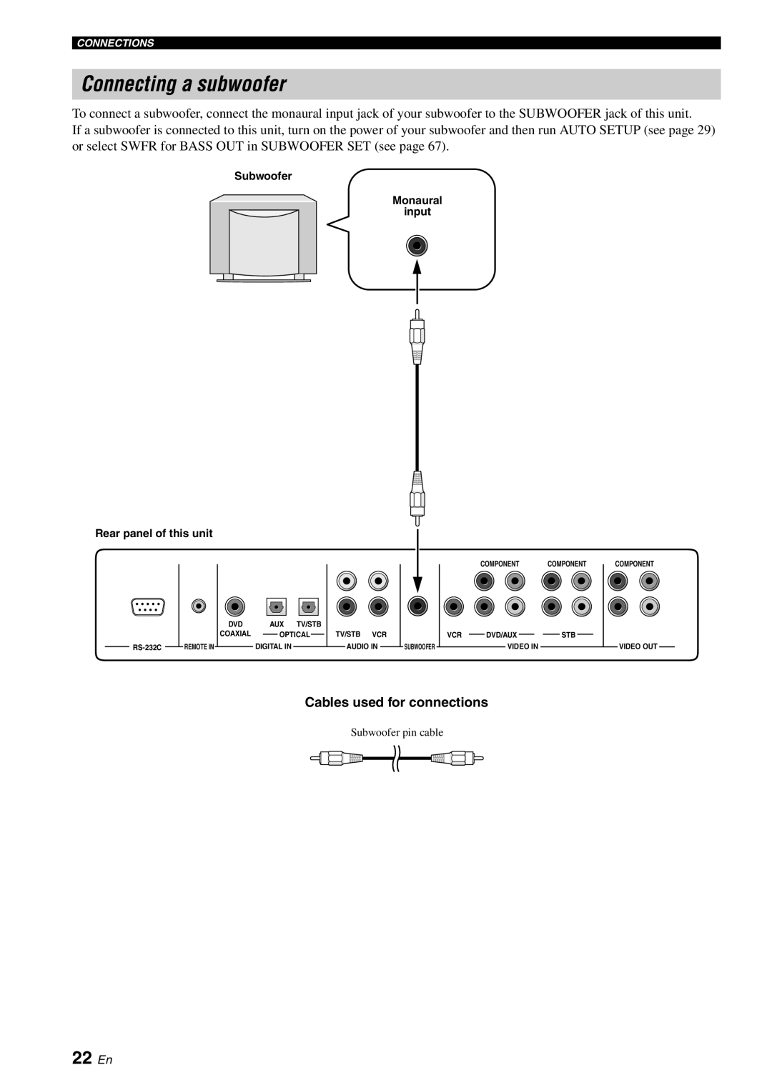 Yamaha YSP-1100 owner manual Connecting a subwoofer, 22 En, Subwoofer Monaural Input Rear panel of this unit 
