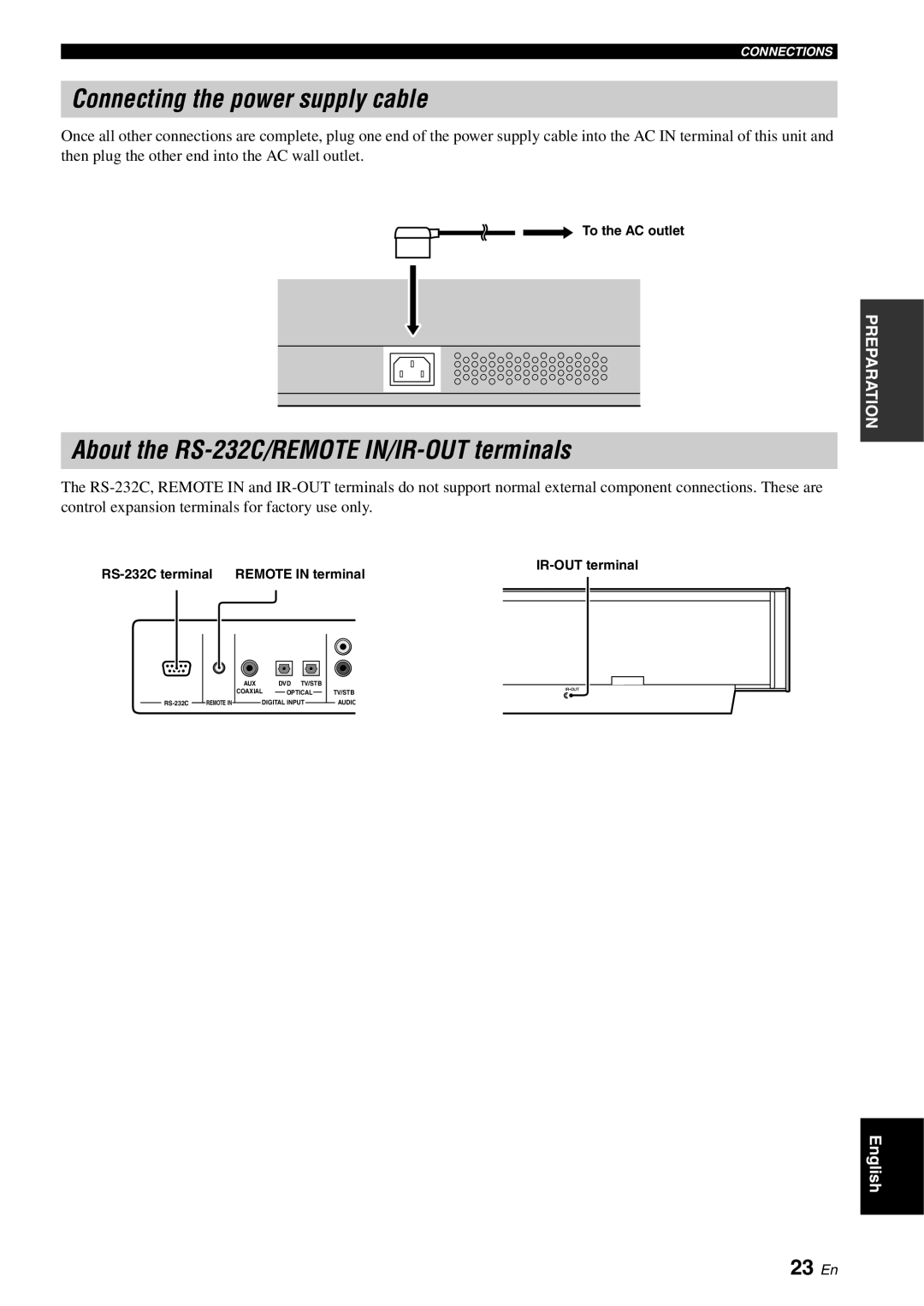 Yamaha YSP-1100 Connecting the power supply cable, About the RS-232C/REMOTE IN/IR-OUT terminals, 23 En, To the AC outlet 