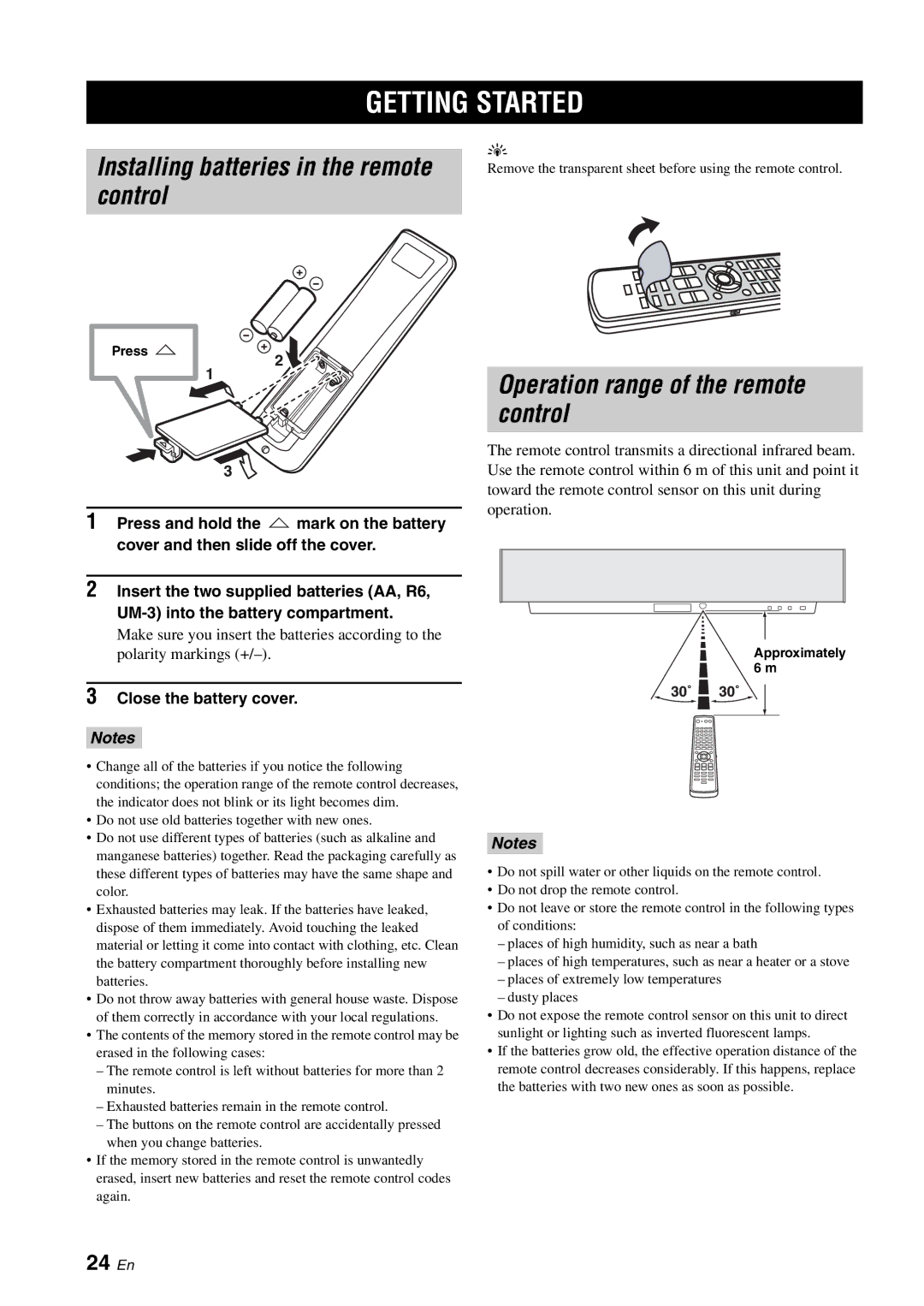 Yamaha YSP-1100 Getting Started, Installing batteries in the remote control, Operation range of the remote control, 24 En 