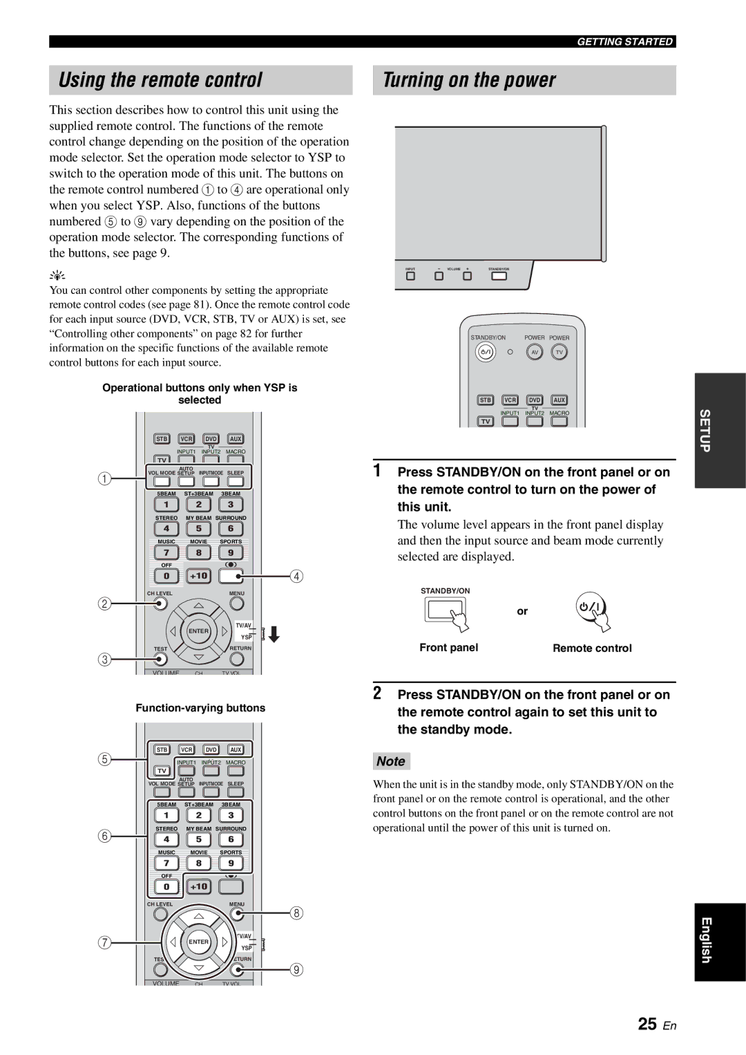 Yamaha YSP-1100 Using the remote control Turning on the power, 25 En, Operational buttons only when YSP is Selected 