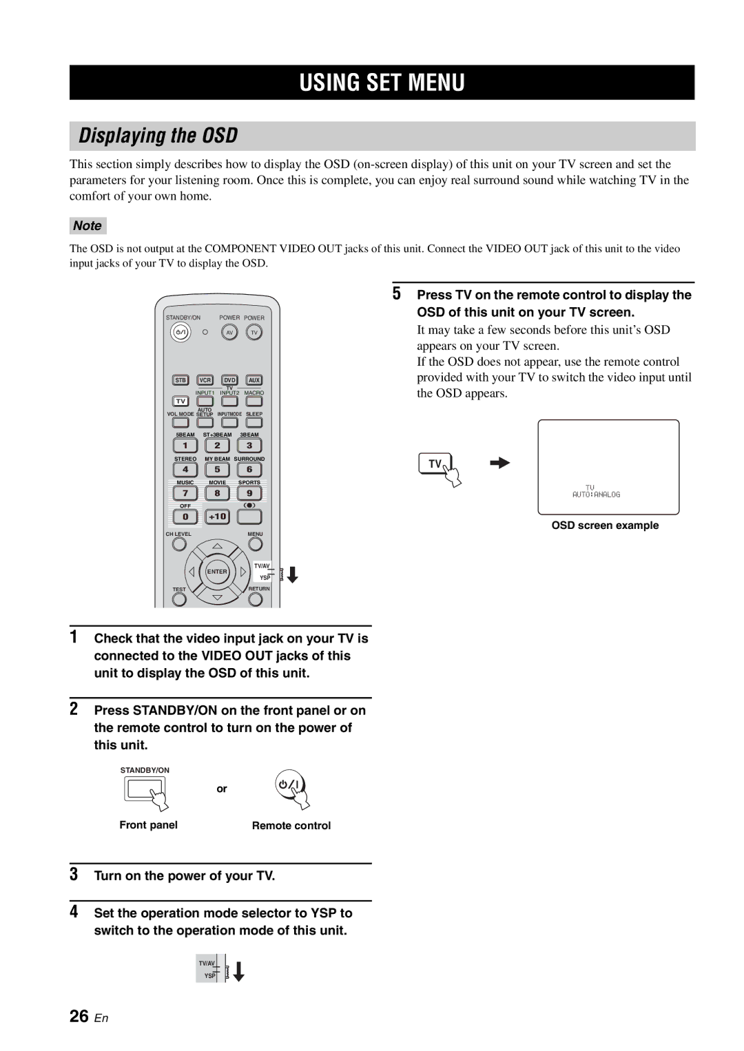 Yamaha YSP-1100 owner manual Using SET Menu, Displaying the OSD, 26 En, OSD screen example 