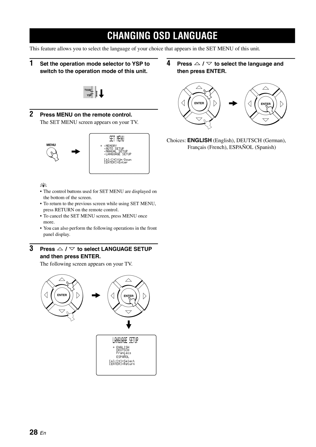 Yamaha YSP-1100 owner manual Changing OSD Language, Language Setup, 28 En, Press Menu on the remote control 