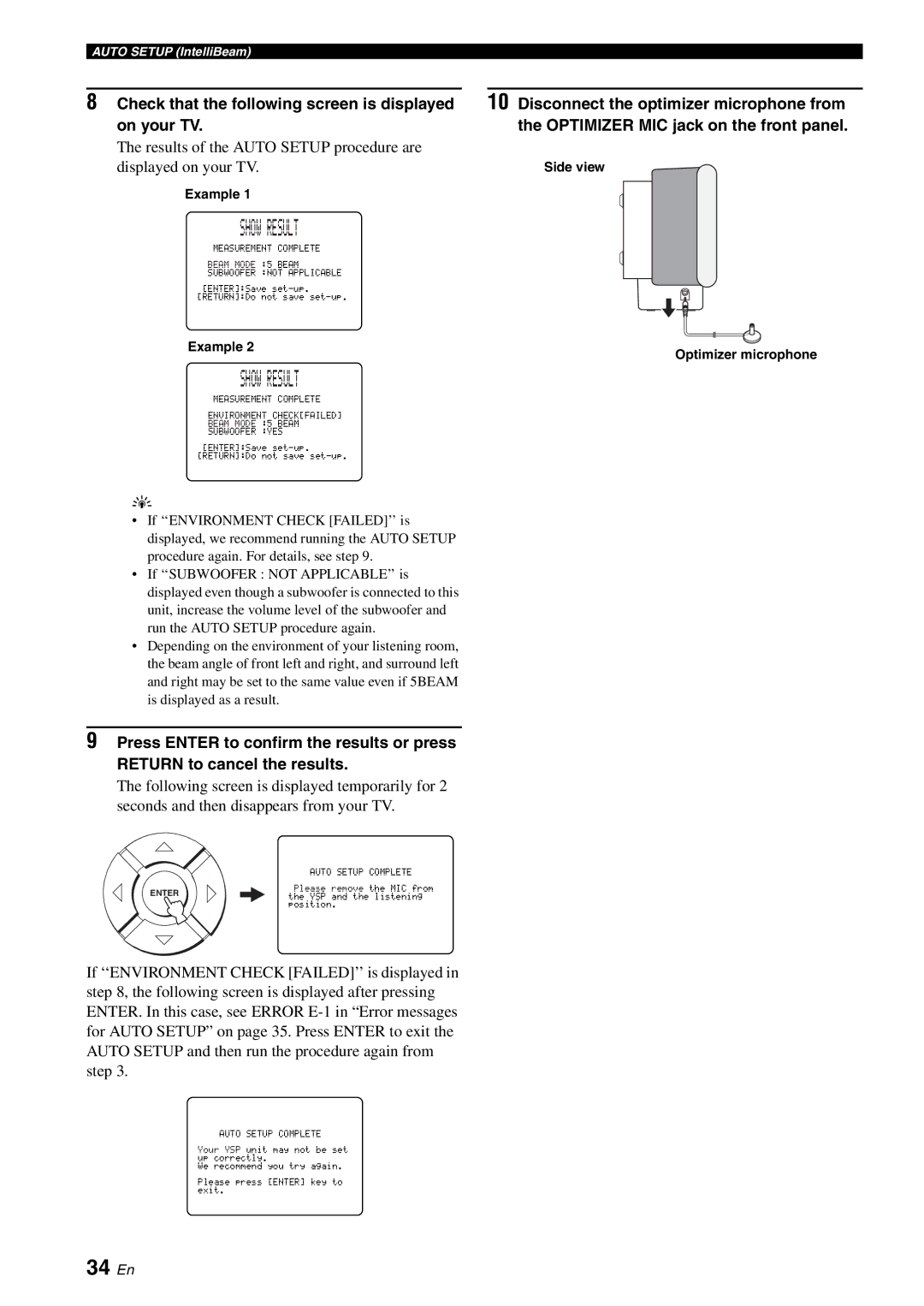 Yamaha YSP-1100 owner manual Show Result, 34 En, Side view, Example Optimizer microphone 