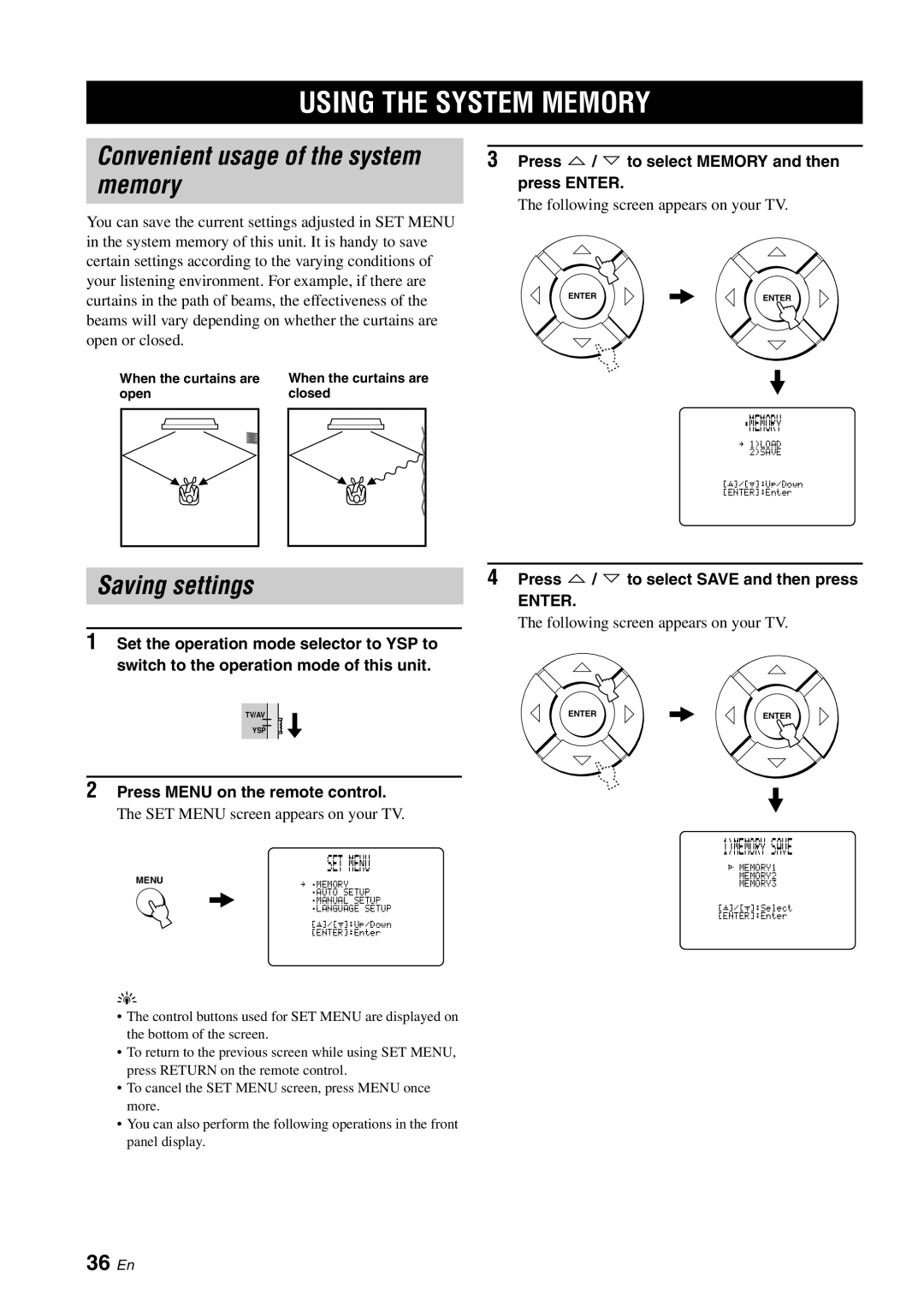 Yamaha YSP-1100 owner manual Using the System Memory, Convenient usage of the system memory, Saving settings, 36 En 