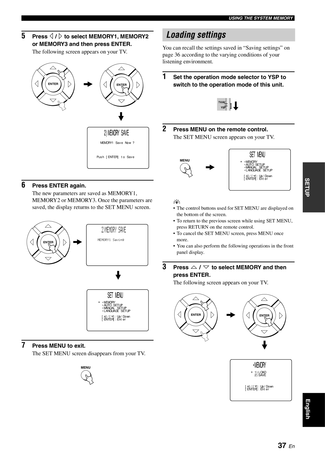 Yamaha YSP-1100 owner manual Loading settings, SET Menu, 37 En, Press Enter again, Press Menu to exit 