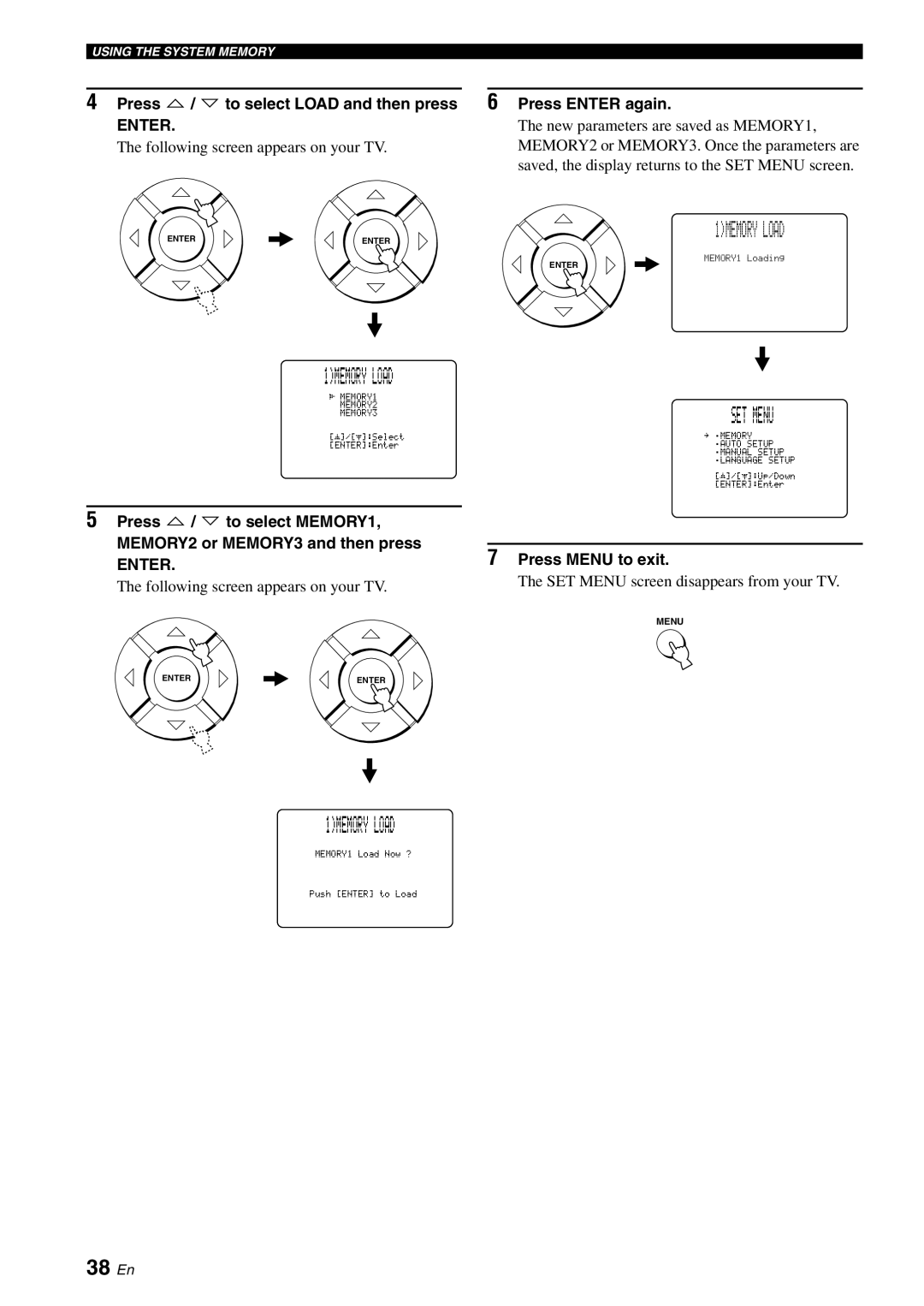 Yamaha YSP-1100 owner manual 1MEMORY Load, 38 En, Press / to select Load and then press 