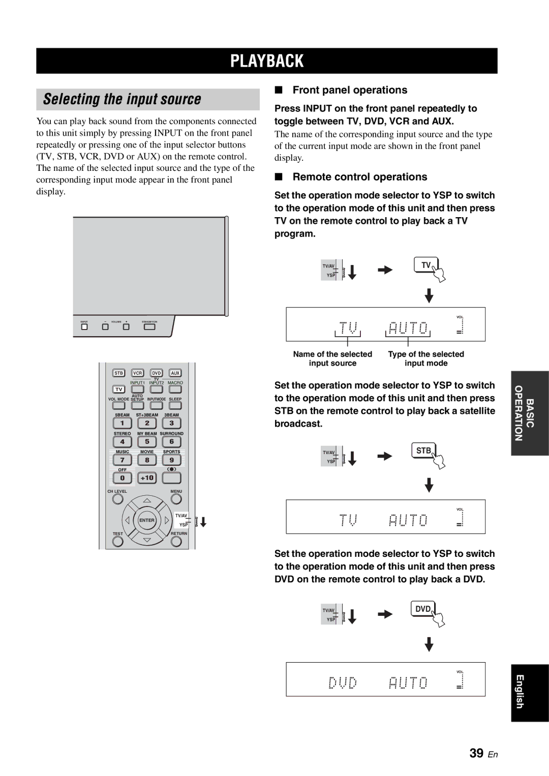 Yamaha YSP-1100 owner manual Playback, Selecting the input source, 39 En, Front panel operations, Remote control operations 