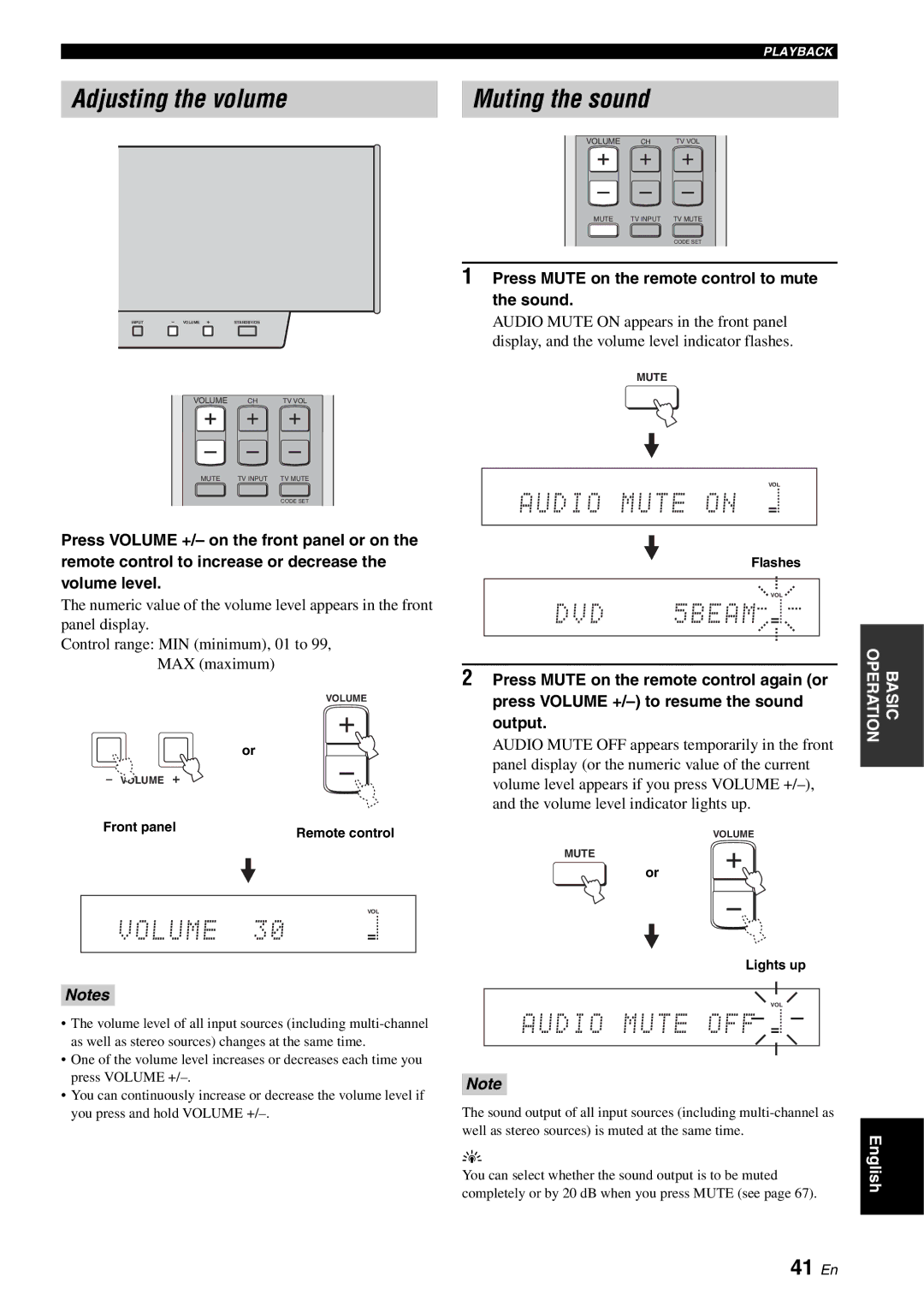 Yamaha YSP-1100 Adjusting the volume, Muting the sound, 41 En, Press Mute on the remote control to mute the sound 