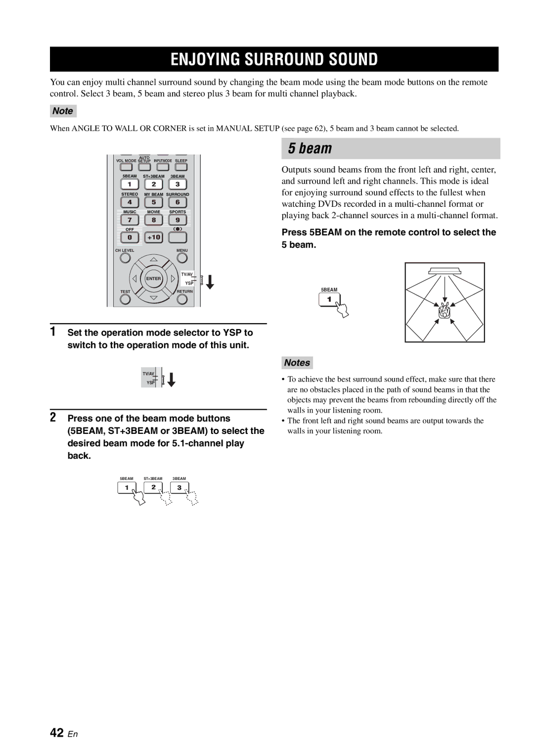 Yamaha YSP-1100 owner manual Enjoying Surround Sound, Beam, 42 En, Press 5BEAM on the remote control to select the 5 beam 